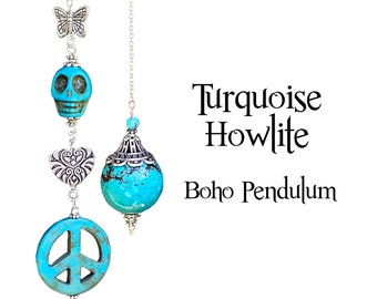 Turquoise Howlite Pendulum Dowser, Skull, Peace Sign Scrying Pendulum, Chakra Healing Pendulum, Beaded Crystal Divination Pendulum,