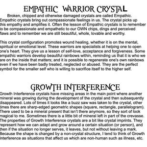 May include: A white background with black text describing Empathic Warrior Crystal and Growth Interference crystals. The text explains the properties and meanings of these crystals, including their healing and adaptive qualities.