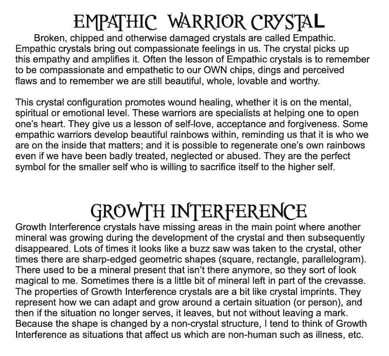 May include: A white background with black text describing Empathic Warrior Crystal and Growth Interference crystals. The text explains the properties and meanings of these crystals, including their healing and adaptive qualities.