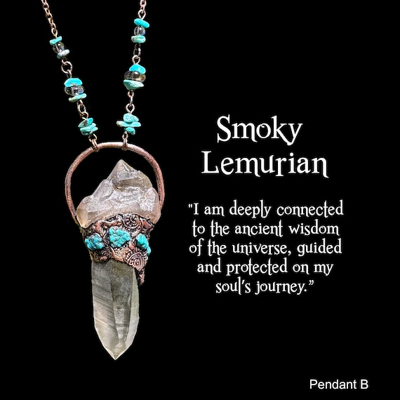 A one-of-a-kind wearable sculpture: raw Lemurian quartz and Arizona turquoise wrapped in electroformed copper — no two are alike and a jeweler spent hours building each one.