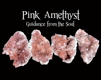 May include: Four pink amethyst crystal clusters on a black background. The crystals have a light pink hue and a textured surface. Text at the top reads "Pink Amethyst" and "Guidance from the Soul".