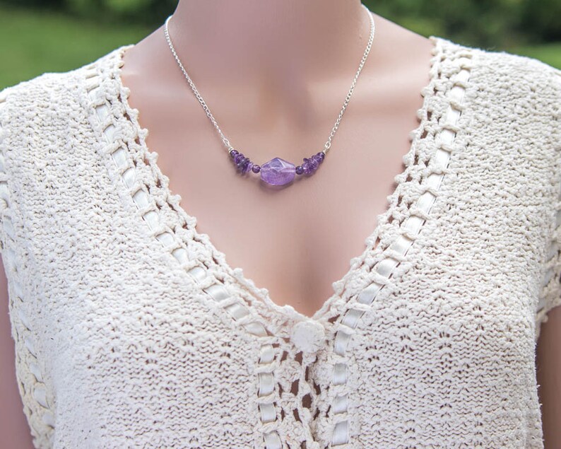 Amethyst Balance of Body and Mind Healing Energy Bar Necklace Crown Chakra February Birthstone Earthy Friendly Eco Fashion Gift
