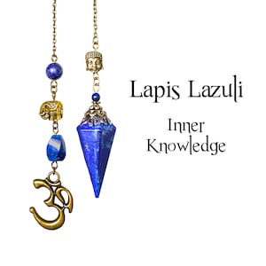 May include: Two pendulums with gold chains and blue lapis lazuli stones. One has a faceted crystal, the other an elephant charm, a blue stone, and an Om symbol. Text reads "Lapis Lazuli, Inner Knowledge."