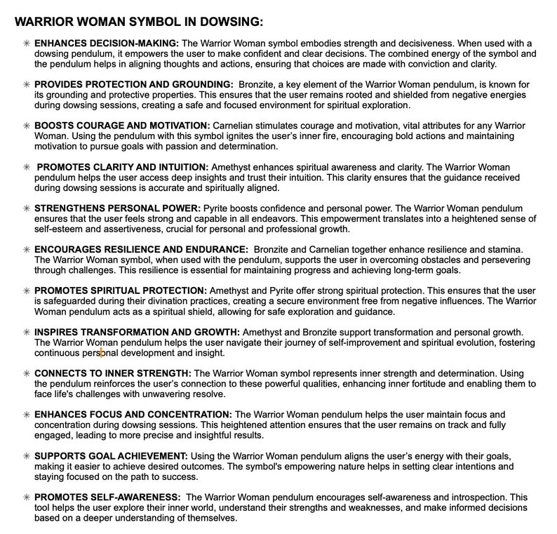 May include: Text from the Warrior Woman Symbol in Dowsing, outlining its advantages: decision-making, protection, courage, clarity, personal power, resilience, spiritual protection, transformation, inner strength, focus, goal achievement, and self-awareness.