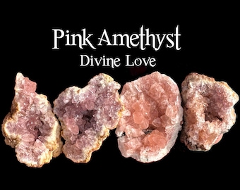 May include: Four pink amethyst crystal clusters with a geode-like appearance are displayed against a black background. The crystals have a soft pink hue with a crystalline structure. The text "Pink Amethyst Divine Love" is written in white.