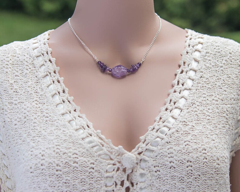 Amethyst Balance of Body and Mind Healing Energy Bar Necklace Crown Chakra February Birthstone Earthy Friendly Eco Fashion Gift