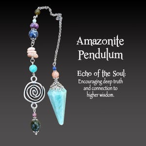 May include: An Amazonite pendulum featuring a light blue crystal point, silver chain, and various gemstone beads. The image includes the text "Amazonite Pendulum" and "Echo of the Soul: Encouraging deep truth and connection to higher wisdom."