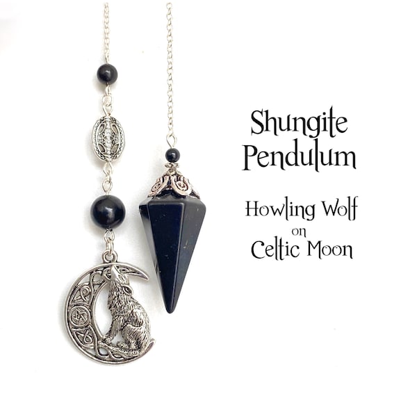 Shungite Pendulum, Divining with Howling Wolf on Celtic Moon, Pendulum Necklace, Beaded Crystal Healing Pendulum