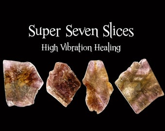 May include: Four Super Seven crystal slices with a mix of colors, including brown, purple, and yellow, are displayed against a black background. The text "Super Seven Slices" and "High Vibration Healing" are written in white.