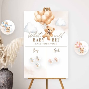 Beige Boy or Girl Chart What Will Baby Be Gender Reveal Teddy Bear Balloon Cast Your Vote Guess The Gender Printable Instant Download 09V1