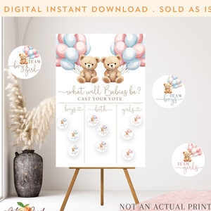 Tweeling roze blauwe jongen of meisje grafiek wat wordt de baby Gender Reveal teddybeer breng jouw stem uit Raad het geslacht Afdrukbare Instant Download 01T2