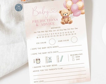 Modifiable vieux rose beige fille nounours ballon bébé prédictions et conseils jeu baby shower saupoudrer jeux imprimable téléchargement immédiat 31V2