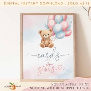 Blau rosa Teddybär Ballon Karten und Geschenke Zeichen Baby Shower Gender Reveal Baby Shower Dekoration Zeichen Printable Instant Download 01V2