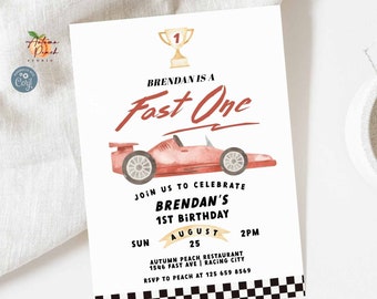 Editable Red Retro Car Racing Birthday invitation FAST ONE Boy 1st Birthday First Invitation Boy Birthday Invite Template 43K1 (1)