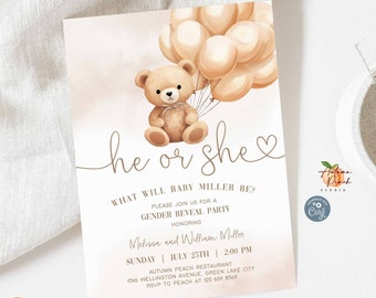 Bewerkbare hij of zij Gender Reveal Teddy Bear Balloon Gender Neutral Beige Cream Baby Shower Sprinkle Uitnodiging Uitnodiging Uitnodiging Sjabloon 01V1 (1)