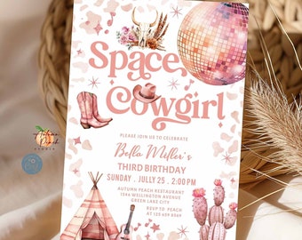 Modèle modifiable de fête d'anniversaire de cow-girl spatiale, modèle d'invitation d'anniversaire disco pour cow-girl spatiale, modèle Boho beige, 19K1