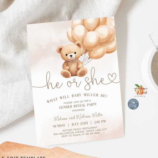 Modifiable il ou elle sexe révéler ours en peluche ballon sexe neutre beige crème baby shower saupoudrer invitation modèle d'invitation 01V1 (1)