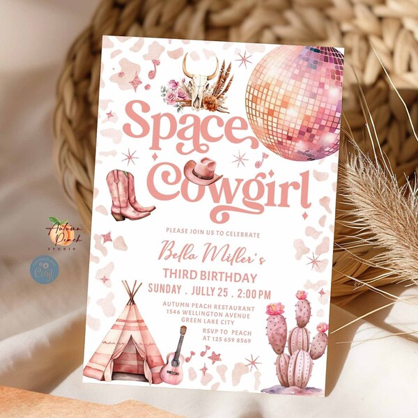 Editable Space Cowgirl Birthday Party Invitation Boho Beige Space Cowgirl Disco Birthday Invitation Girl Birthday Invite Template 19K1 (1)