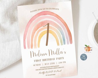 1er anniversaire modifiable Boho arc-en-ciel premier anniversaire Invitation d'anniversaire arc-en-ciel bohème beige fille enfant modèle d'invitation 18K1