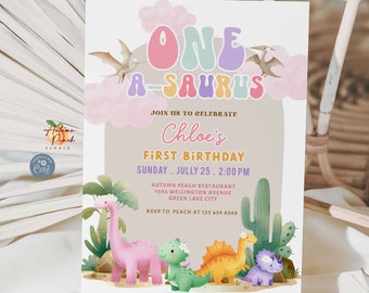 Modèle d'invitation de premier anniversaire ONE A-Saurus 1er anniversaire modifiable Anniversaire de dinosaure Anniversaire de dinosaure Modèle d'invitation d'anniversaire fille enfant 11K2