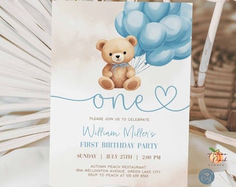 Editable ONE First Birthday Teddy Bear Balloon Boy Blue Balloons Kid Birthday Invitation Invite Template 01K2 (1)