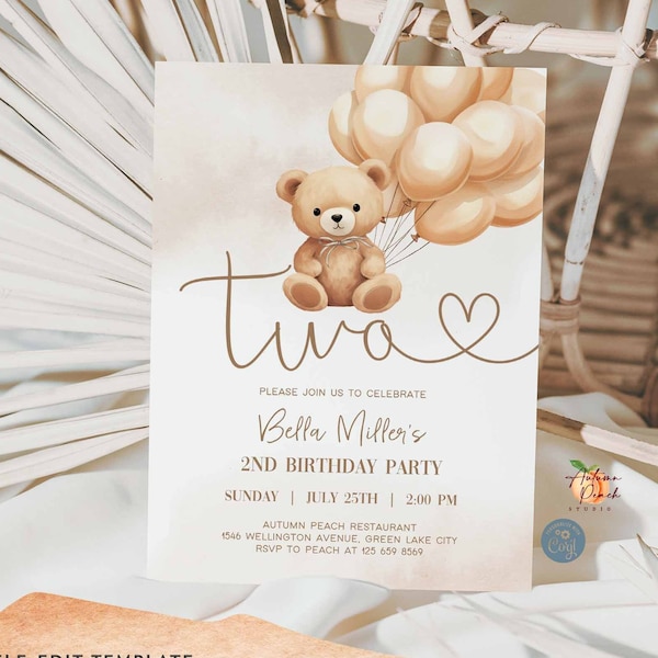 Editable TWO 2nd Birthday Teddy Bear Balloon Gender Neutral Beige Cream Kid Birthday Invitation Invite Template 01K1 (2)