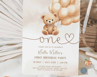 Modèle d'invitation d'anniversaire enfant modifiable premier anniversaire ours en peluche, sexe neutre beige crème, 01K1