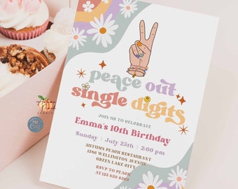 Editable Groovy Peace Out Single Digits Rainbow Daisy Friendship Bracelet Girl Birthday Invitation Girl Birthday Invite Template 27K1 (1)