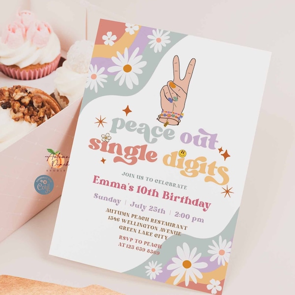 Editable Groovy Peace Out Single Digits Rainbow Daisy Friendship Bracelet Girl Birthday Invitation Girl Birthday Invite Template 27K1 (1)