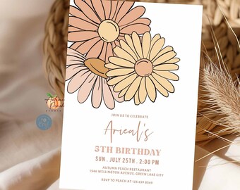 Modifiable minimaliste Boho rétro Daisy anniversaire Beige Boho nuptiale baby shower anniversaire fille anniversaire invitation téléchargement immédiat modèle 29K1 (2)