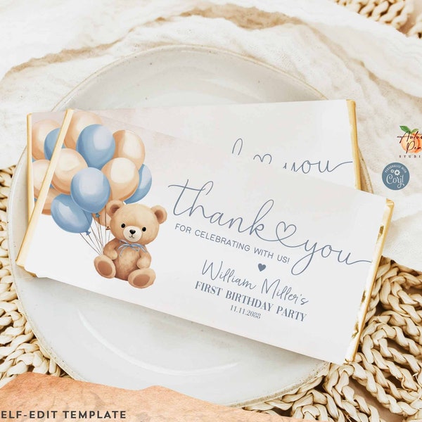 Editable Dusty Blue Beige  Birthday Teddy Bear Balloon Boy Blue Chocolate Bar Wrapper Label Kid Birthday Decor Template 31K4 / 31V3