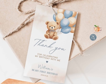 Editable Dusty Blue Teddy Bear Balloon Beige ANY EVNET Thank You Tag Sticker Thank you Template Instant Download Template 31K4 / 31V3