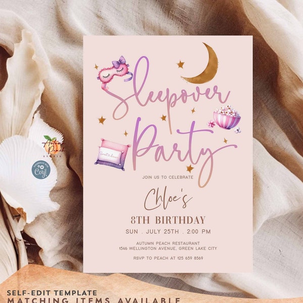 Bearbeitbare Rosa Lila Sleepover Party Geburtstagskind Geburtstag Augenmaske Popcorn Kissen Geburtstag einladen Sofort-Download-Vorlage 38K1 (1)