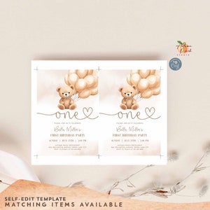 Modèle d'invitation d'anniversaire enfant modifiable premier anniversaire ours en peluche, sexe neutre beige crème, 01K1 image 6