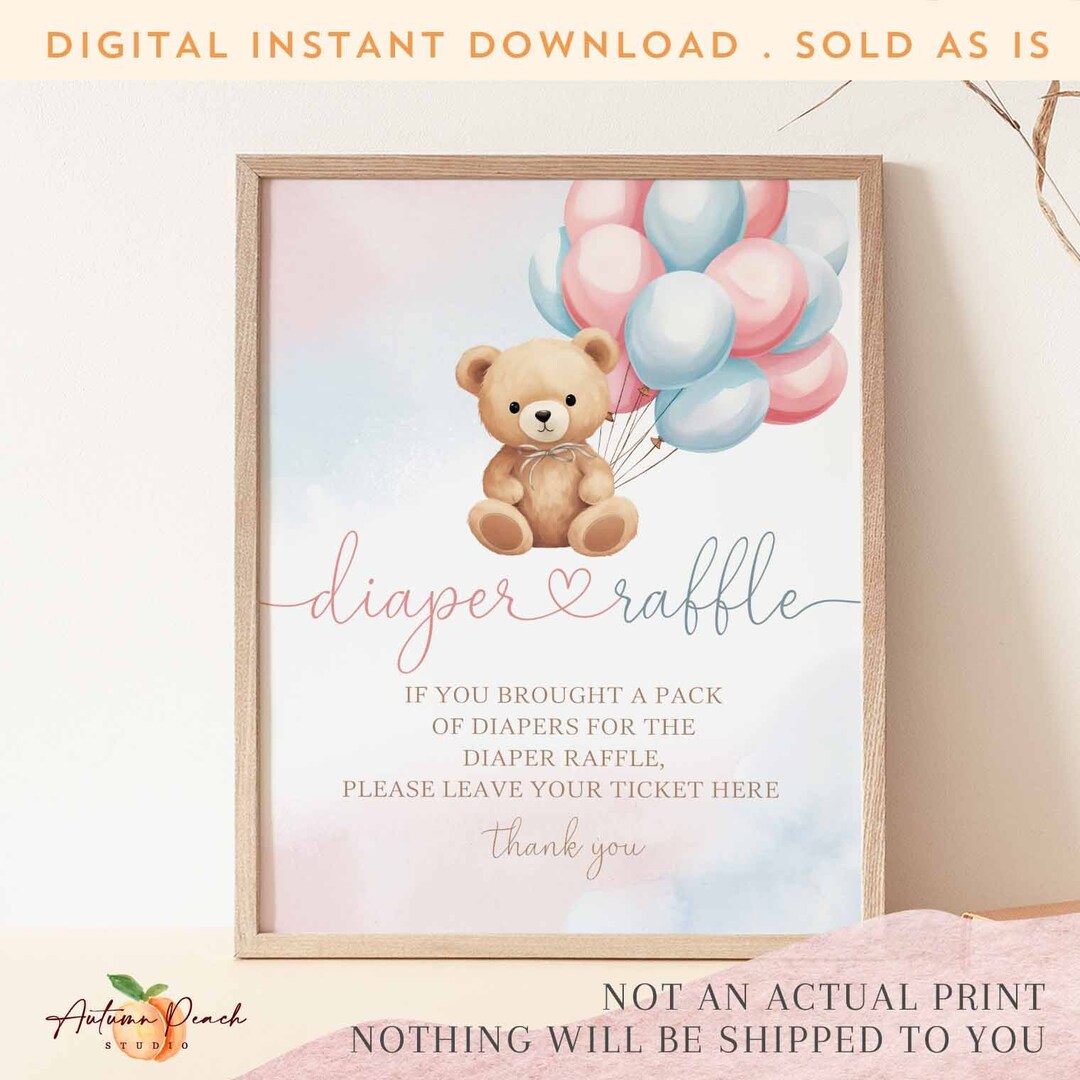 Blue Pink Teddy Bear Balloon Diaper Rafffle Sign Baby Shower Gender ...
