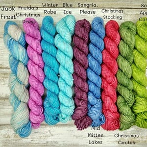 May include: Nine skeins of yarn in various colors, including blue, green, pink, and purple. The yarn is arranged vertically and labeled with names like "Jack Frost", "Freida's Christmas Dress", "Winter Robe", "Blue Ice", "Sangria, Please", "Christmas Stocking", "Sour Apple Candy", "Mid Mitten Lakes", and "Christmas Cactus".