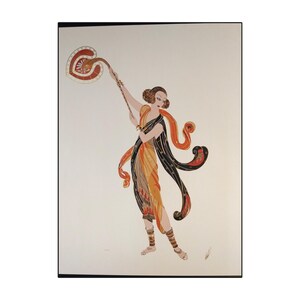 May include: A woman in a yellow and black patterned dress holds a large, red, orange, and yellow flower-shaped object. The woman is wearing a black scarf and has dark hair.