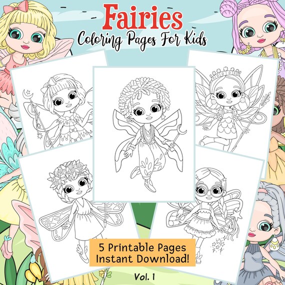 5 Fairies Coloring Book Pages Coloring Sheets Set for Kids 5 Years