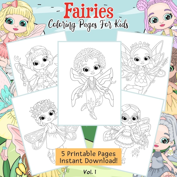 5 Fairies Coloring Book Pages Coloring Sheets Set for Kids 5 Years