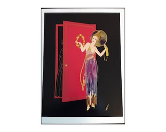 Erte Print Book Page Illustration | Art Deco Vintage Fashion Design Drawing | New Year's Eve (Mary Garden On Back) | No Frame