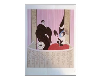 Puede incluir: Una impresión de arte vintage con dos figuras en un balcón. La mujer en primer plano lleva un vestido rojo y un sombrero negro, mientras que el hombre en el fondo lleva un traje negro y un sombrero negro. El balcón tiene una barandilla decorativa con un patrón floral.