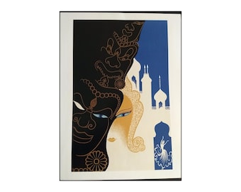 Erte Art Deco Book Page Print Masks and Mosques | Theatrical Wall Art Decor | No Frame