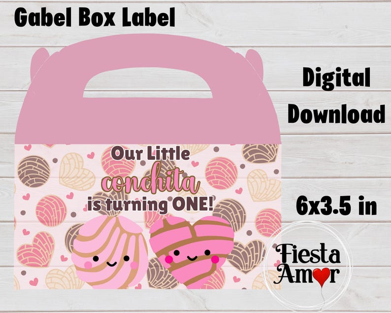 May include: A pink gable box label featuring a repeating pattern of brown and pink concha bread illustrations, including two smiling heart-shaped conchas. The text reads Our Little conchita is turning ONE! The label measures 6x3.5 inches.