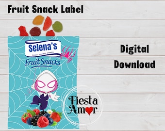 Etiqueta para snack de frutas de Spider Gwen, recuerdo de fiesta de araña fantasma, decoraciones de araña fantasma, recuerdo de fiesta de Spider Gwen, cumpleaños de Spider Gwen