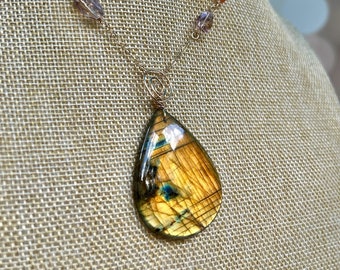 Flashy Large Yellow Orange Labradorite Pendant Sunstone Ametrine, Labradorite Necklace 14K Gold Fill, Luxurious Gold Gemstone Necklace