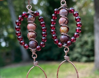 Copper Garnet Earrings,  Earthy Thunder Egg Agate Earrings, Copper Leaf Dangle Earrings, Fall Earrings