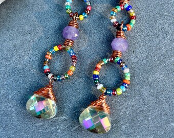 Colorful Beaded Boho Earrings, Colorful Gemstone Dangle Earrings, Multicolor Copper Earrings, Pink Agate, Purple Jade