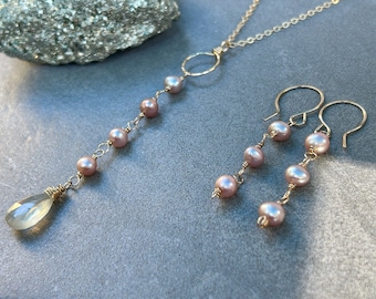 Pink Freshwater Pearl Lariat Necklace Earrings Set, Gold Chain and Pearl Necklace Moonstone, Pink Pearl Earrings, Bridal Jewelry, Gift