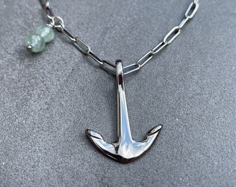 Aquamarine Necklace, Anchor Necklace, Womens Anchor Pendant, Nautical Necklace, Silver Anchor, Sailing Necklace, March Birthday