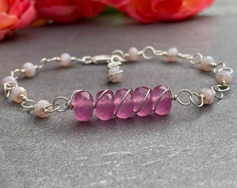 Pink Bracelet Sterling Silver, Pink Jade Bracelet, Pink Czech Glass, Pink Jewelry, Gift for Her, Christmas Gift